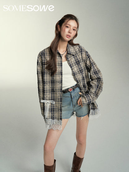 SOMESOWE Lace Patchwork Grid Shirt