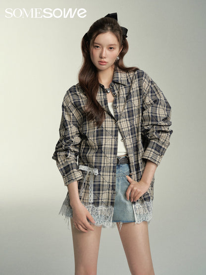 SOMESOWE Lace Patchwork Grid Shirt