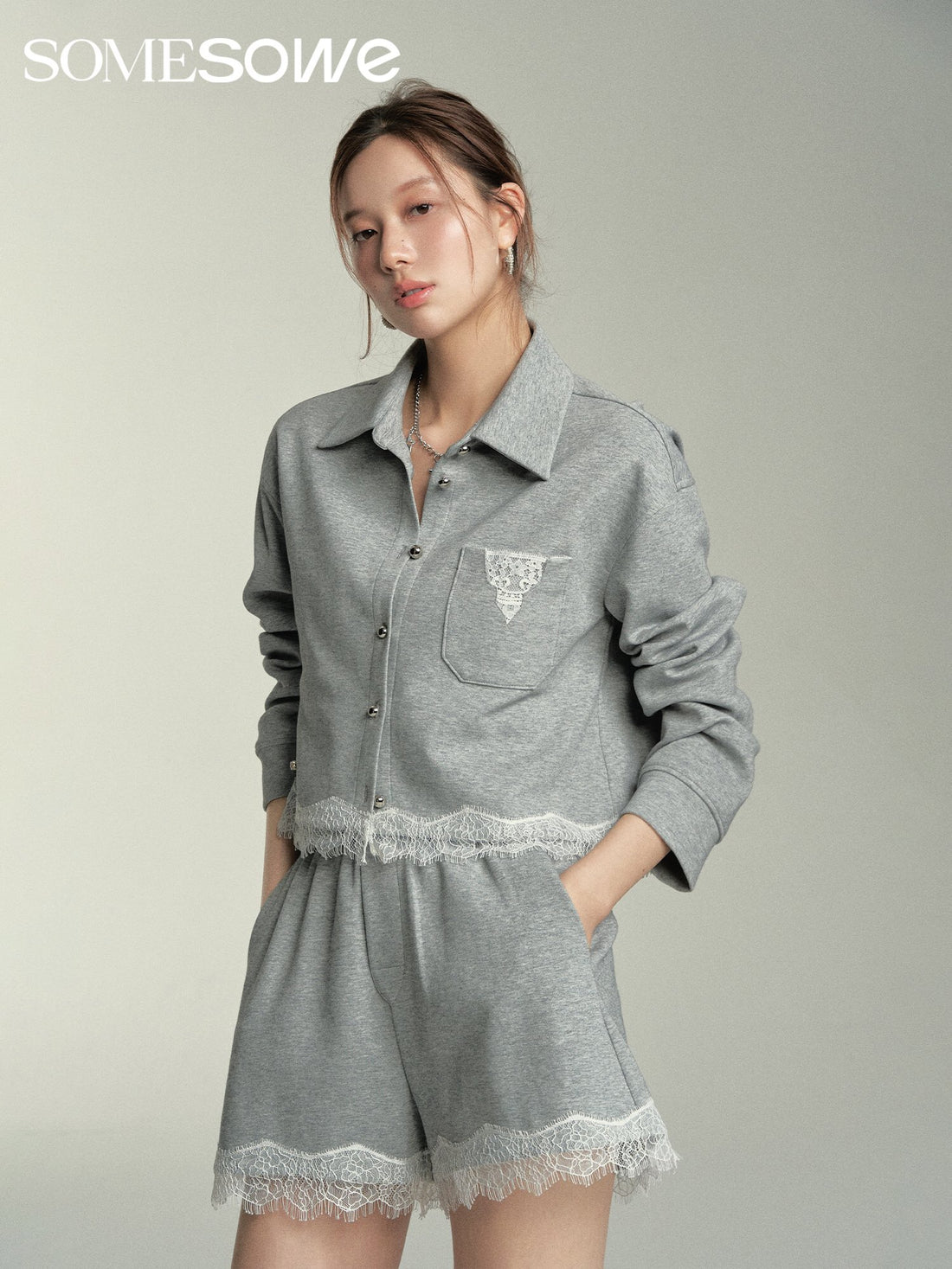 SOMESOWE Lace Hooded Cardigan Or Shorts Set(Separate)