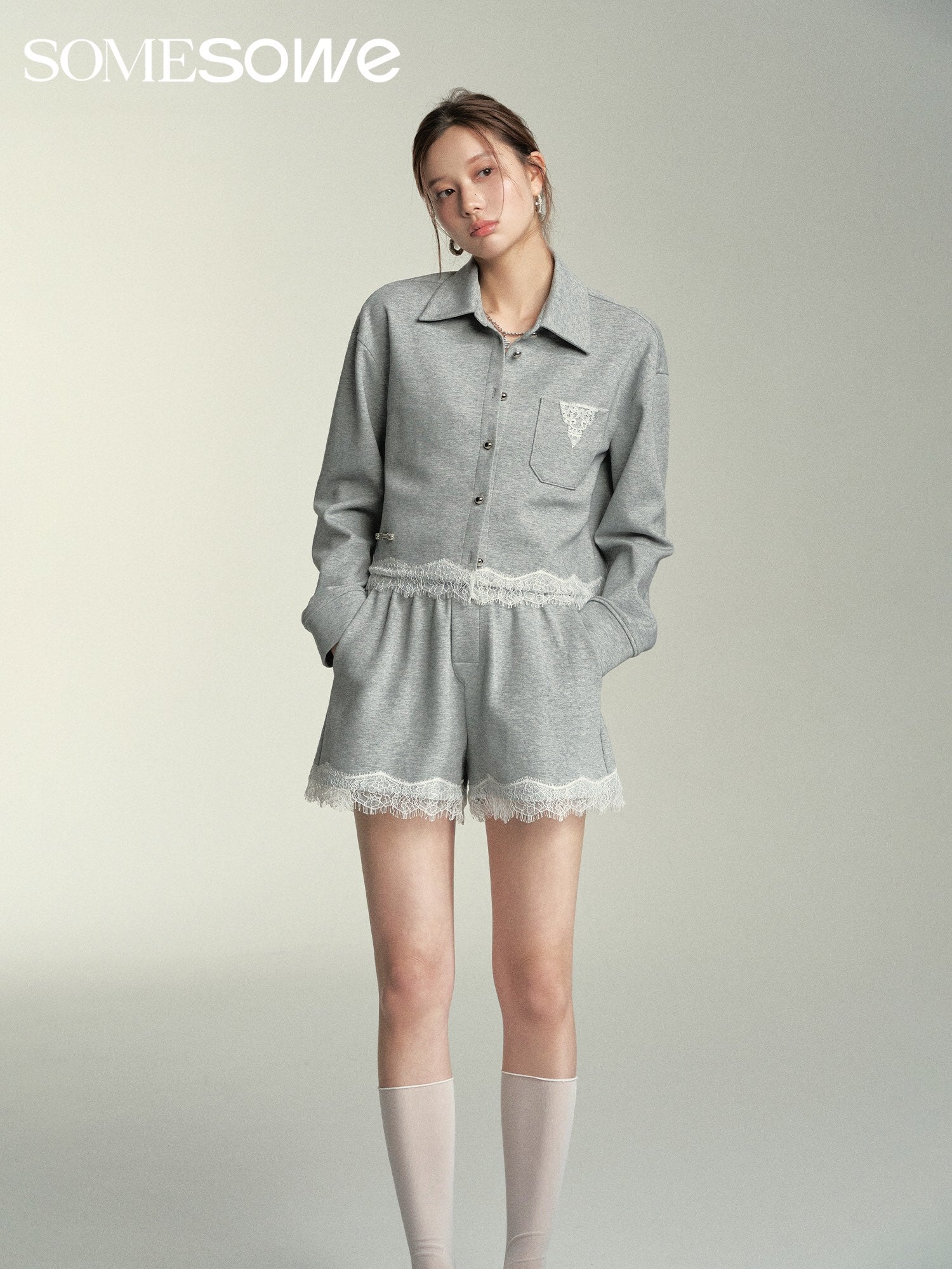 SOMESOWE Lace Hooded Cardigan Or Shorts Set（Separate）