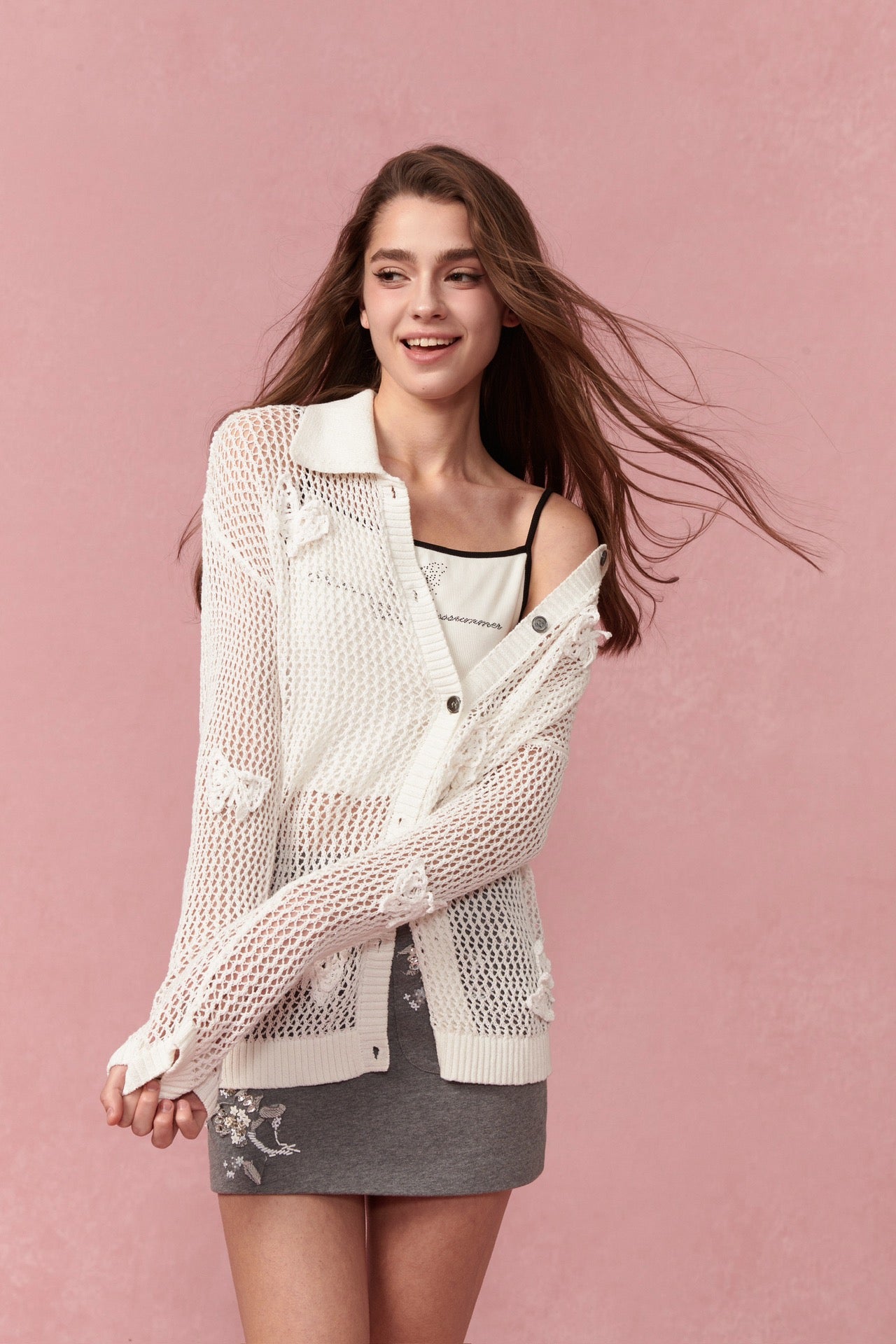 ROCHA ROMA Crocheted Butterfly Hollow Knit Cardigan