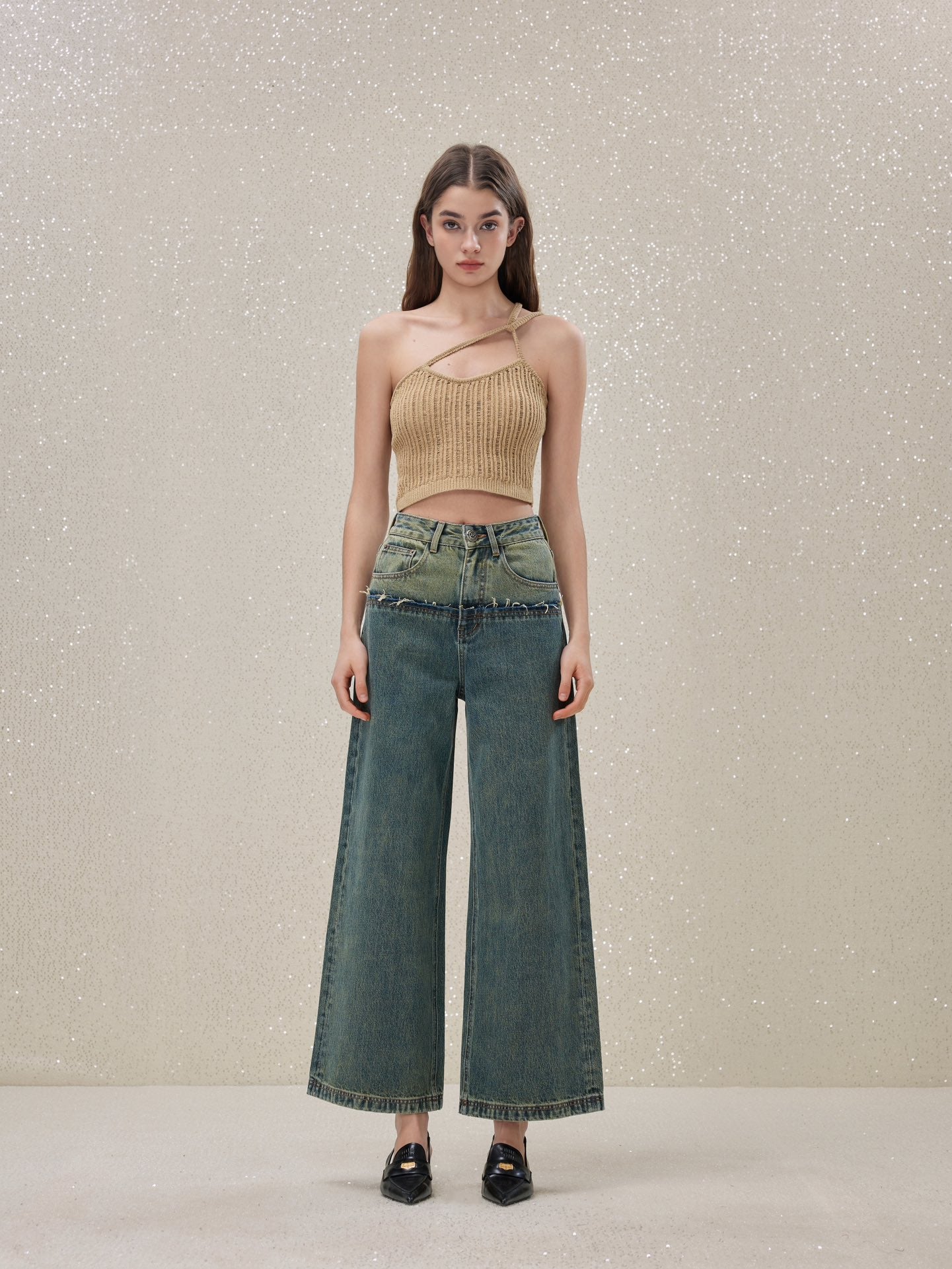 ROCHA ROMA Off-shoulder Knit Vest OR Denim Pants