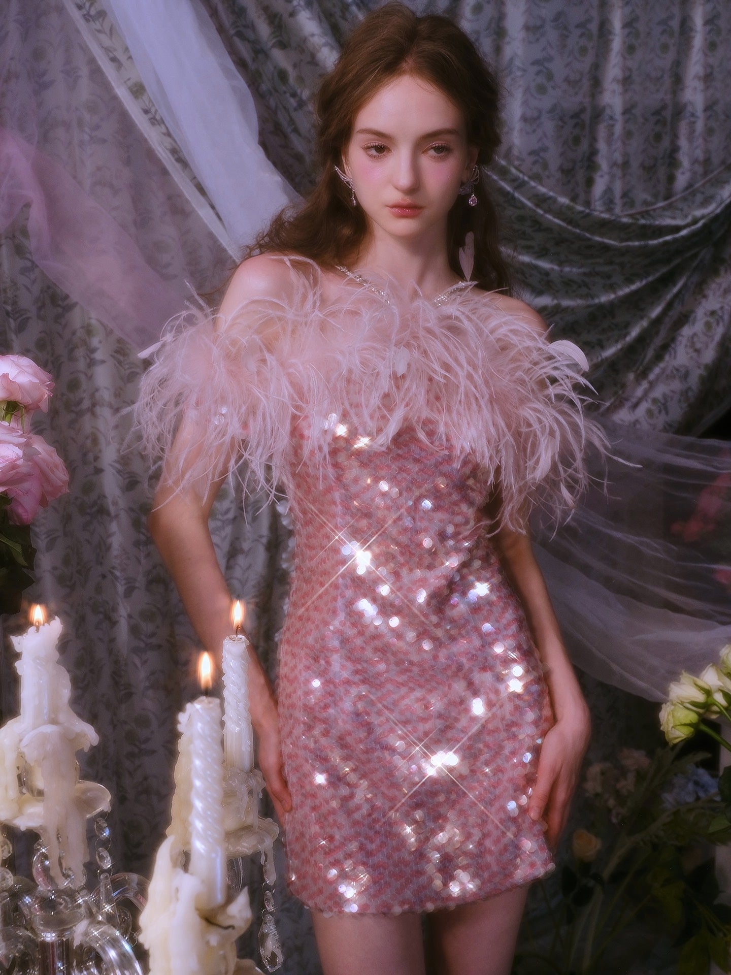 Wardrobes by chen Sequin Feather Rhinestone Chain Dress