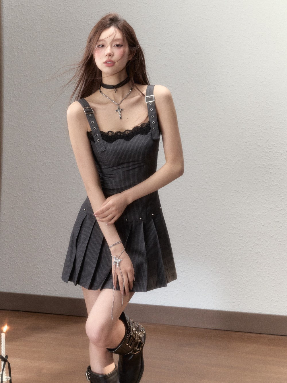 VIA PITTI Lace Grey Suspender Dress