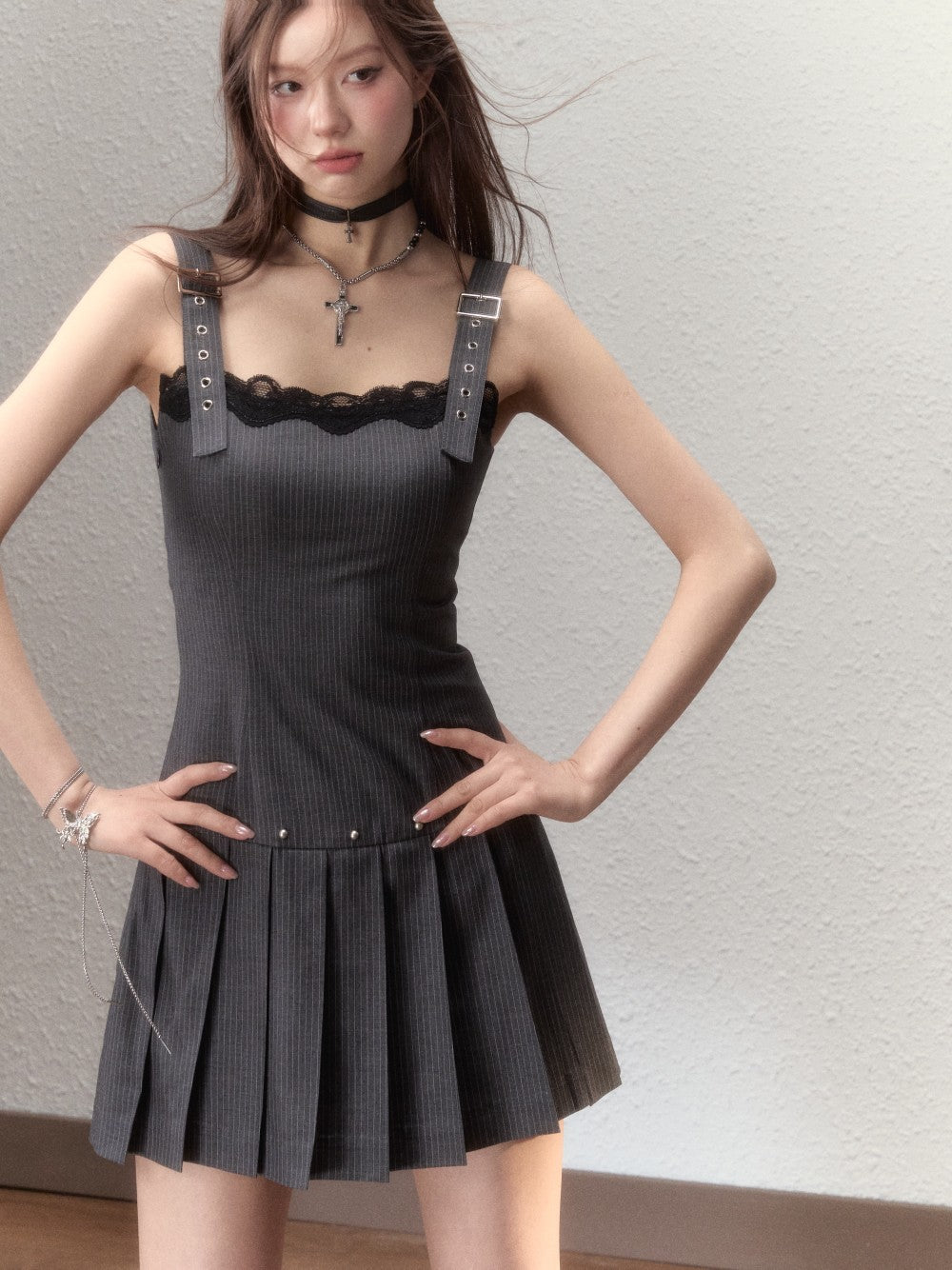 VIA PITTI Lace Grey Suspender Dress