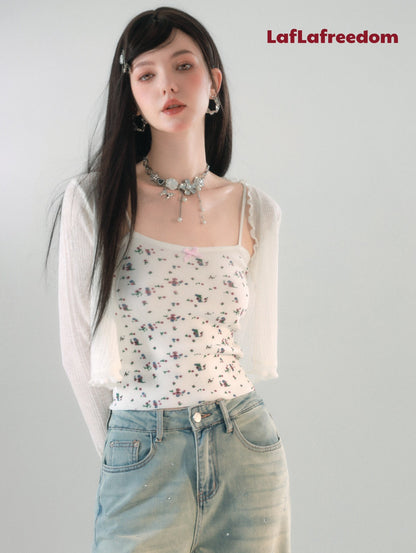 LA FREEDOM Knit Floral Camisole and Cardigan Two-Piece Set