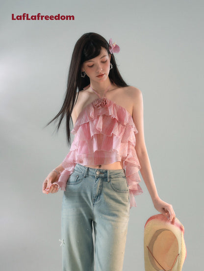 LA FREEDOM Gradient Ruffle Rose Halter Top