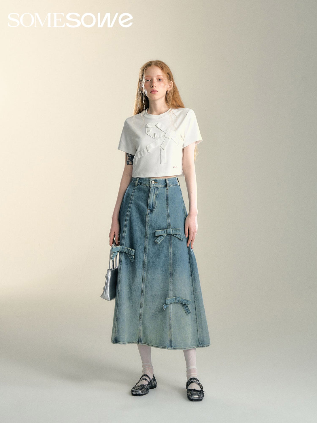 SOMESOWE Bow Denim  Midi  Dress