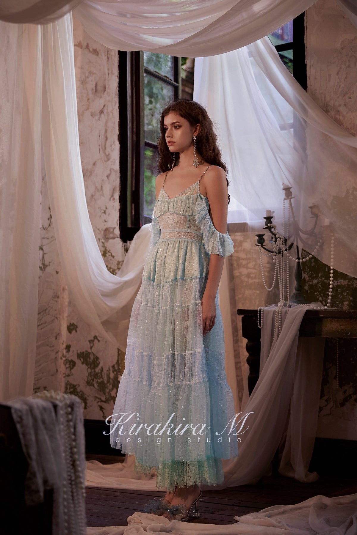 Kirakira.M Rhinestone Embellished Lace Layered Dress（with pants）