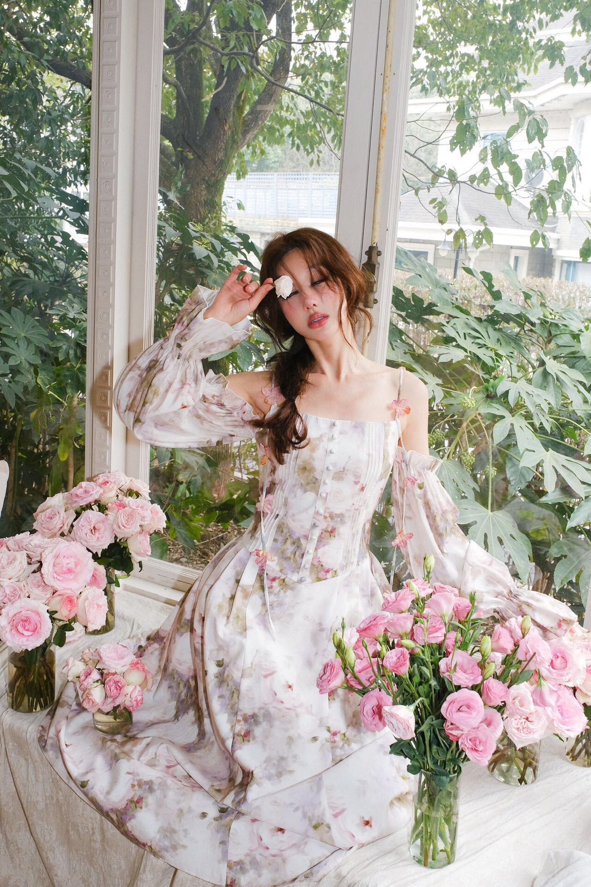 Jean Soo PETAL SLEEVE PAITING MIDI DRESS