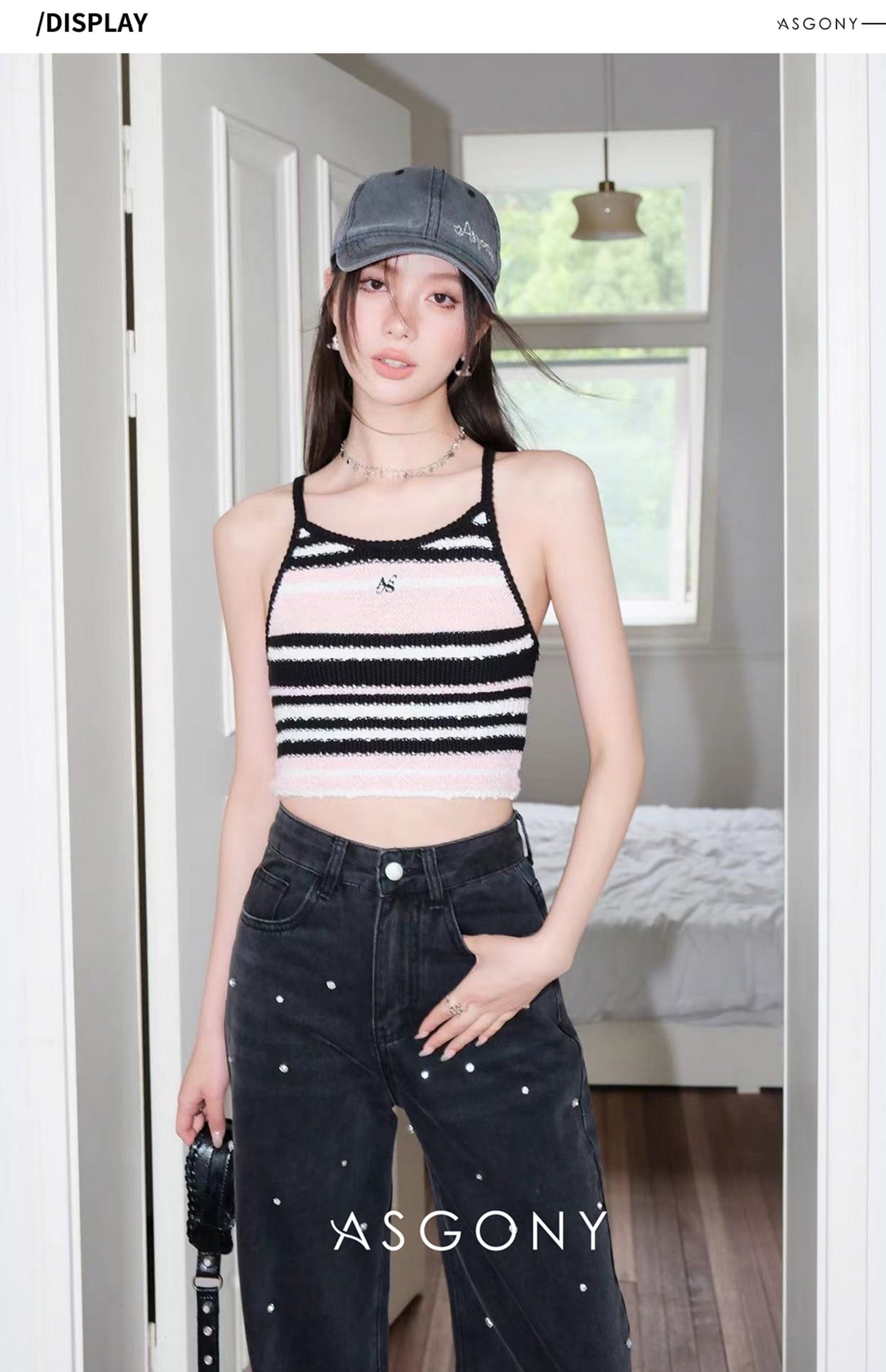 AsGony STRIPE CONTRAST HALTER TOP