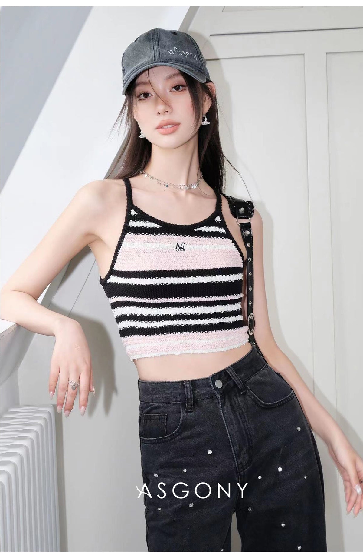 AsGony STRIPE CONTRAST HALTER TOP