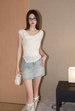 West.Y Cream One-shoulder Top&Rivet Denim Skirt