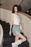 West.Y Cream One-shoulder Top&Rivet Denim Skirt