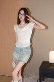 West.Y Cream One-shoulder Top&Rivet Denim Skirt