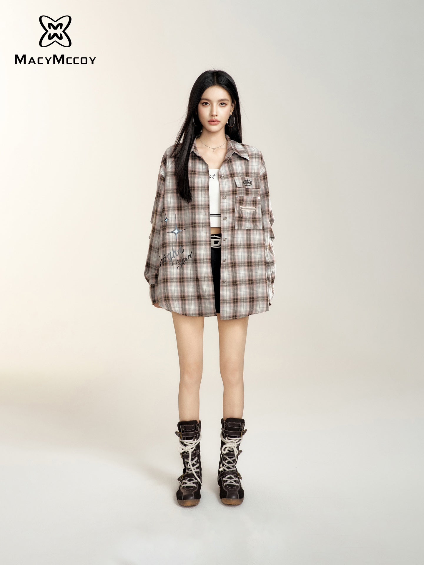 MacyMccoy Letter Plaid Oversized Shirt