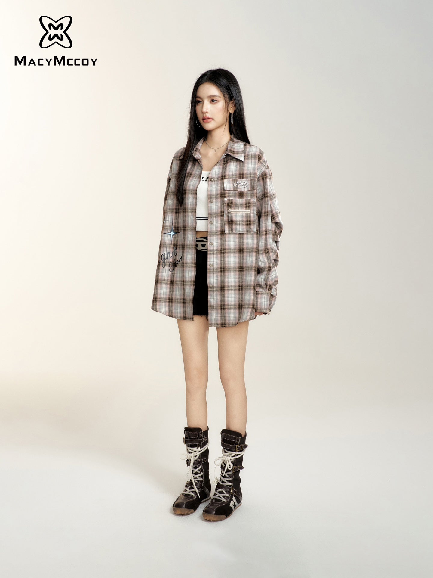 MacyMccoy Letter Plaid Oversized Shirt