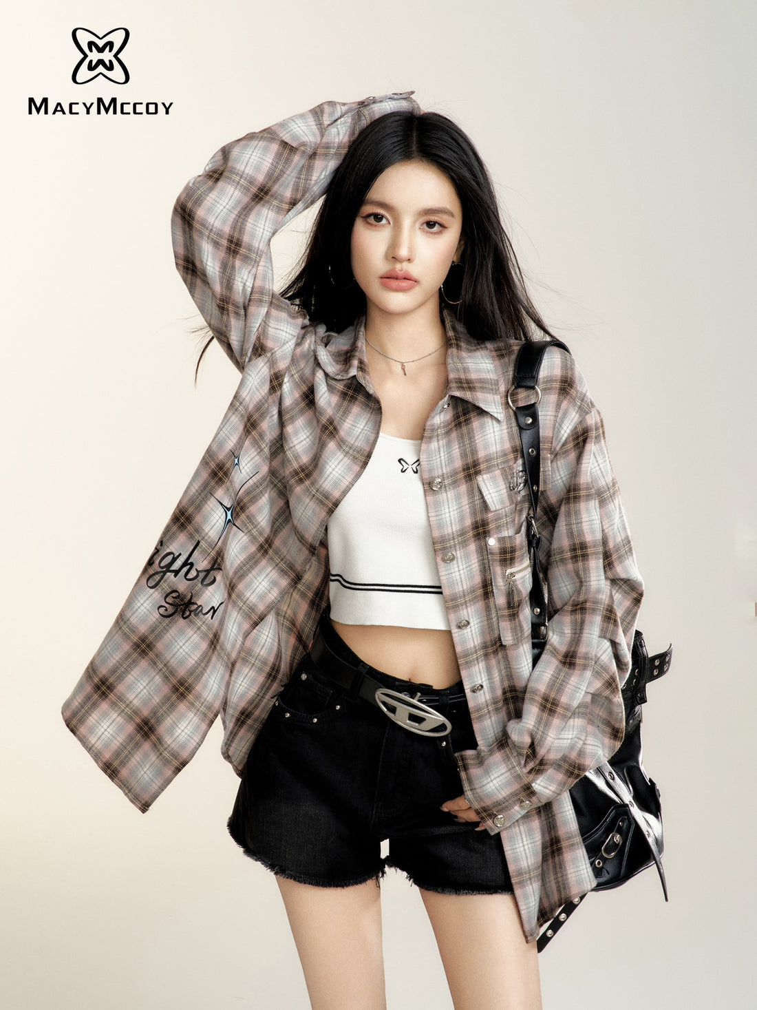 MacyMccoy Letter Plaid Oversized Shirt