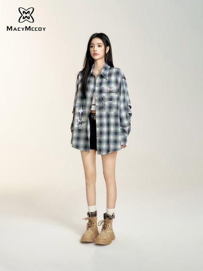 MacyMccoy Letter Plaid Oversized Shirt