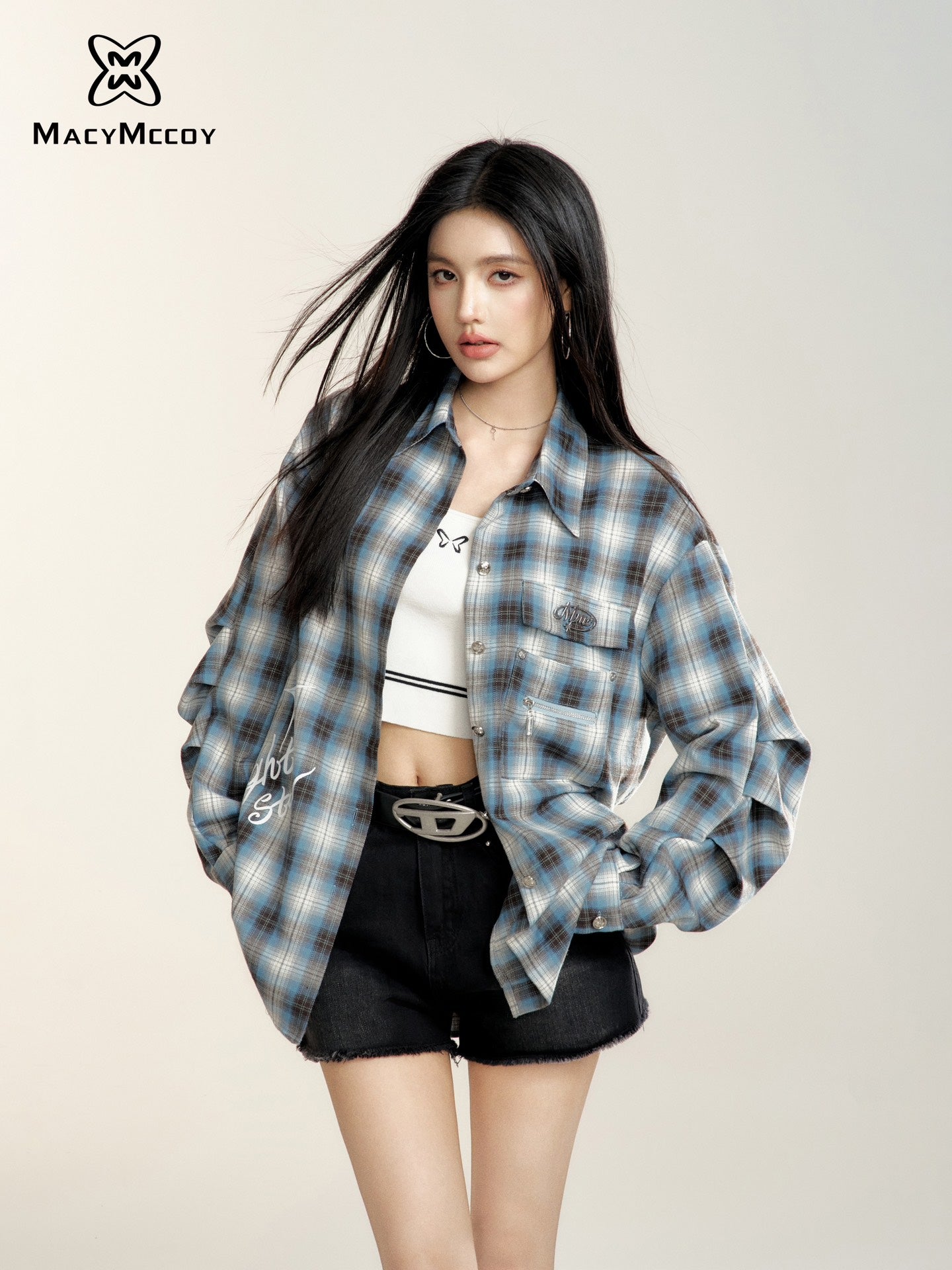 MacyMccoy Letter Plaid Oversized Shirt