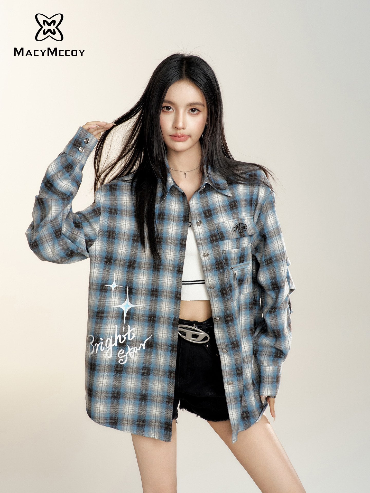 MacyMccoy Letter Plaid Oversized Shirt