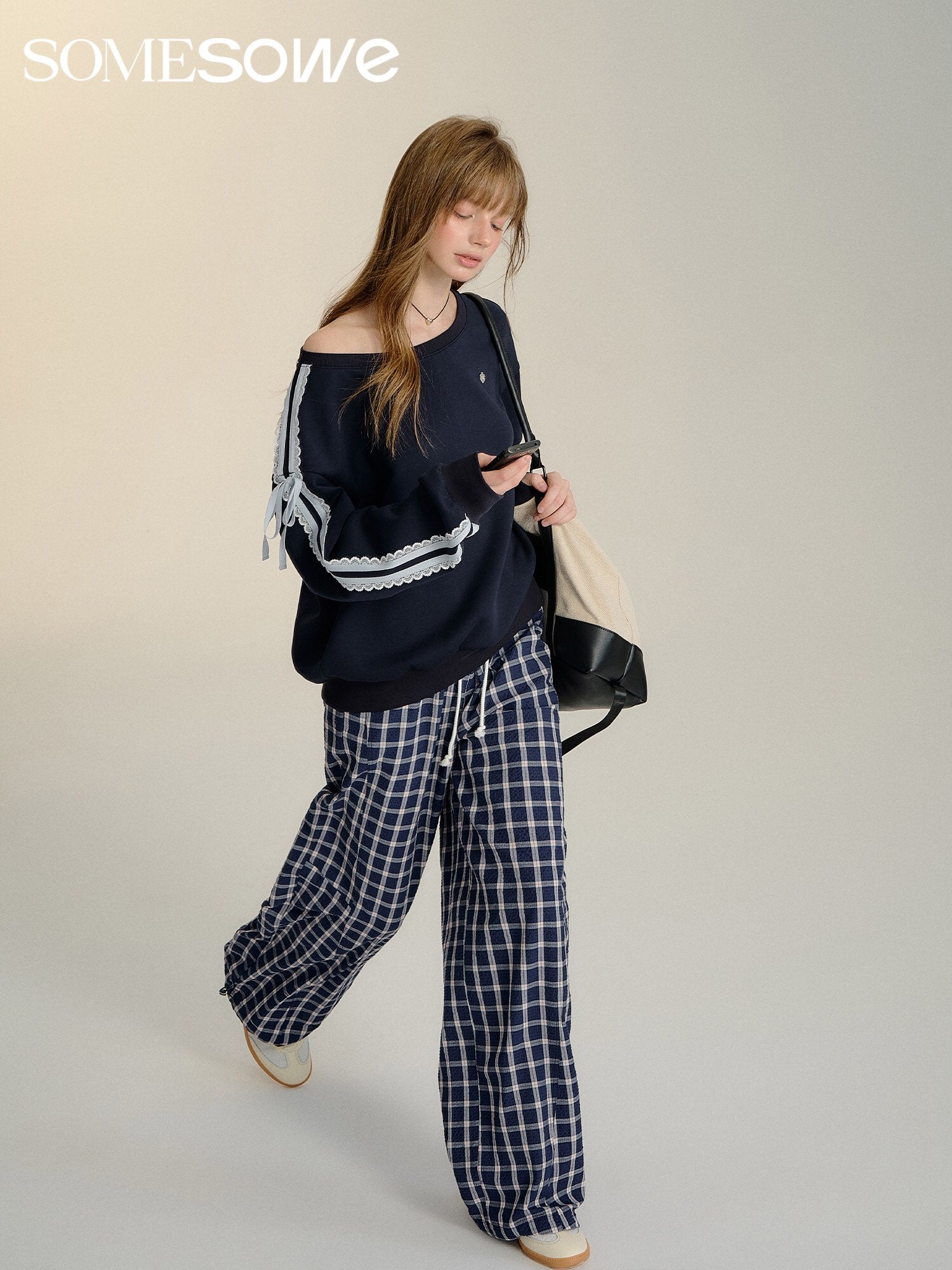 SOMESOWE Navy Grid Loose Pants