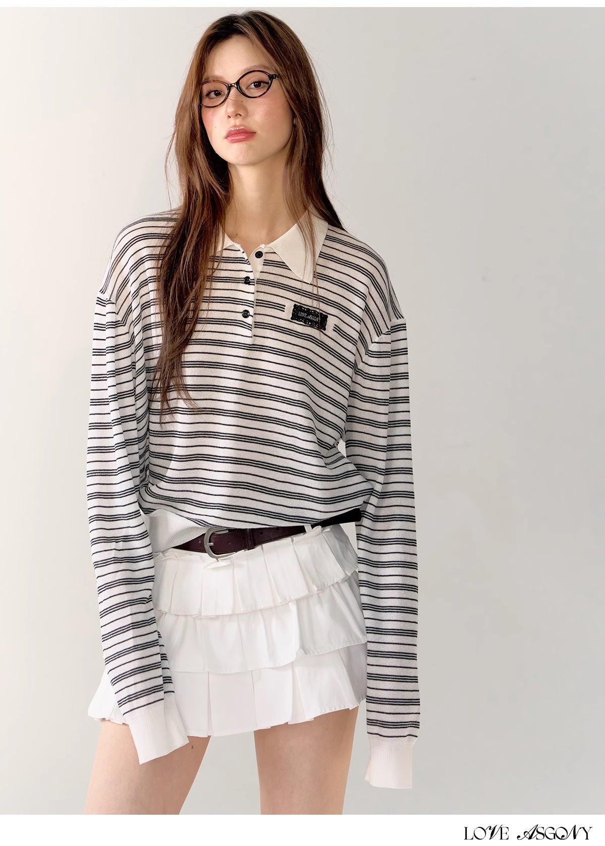 AsGony Stripe Polo &amp; Mini Cake Skirt