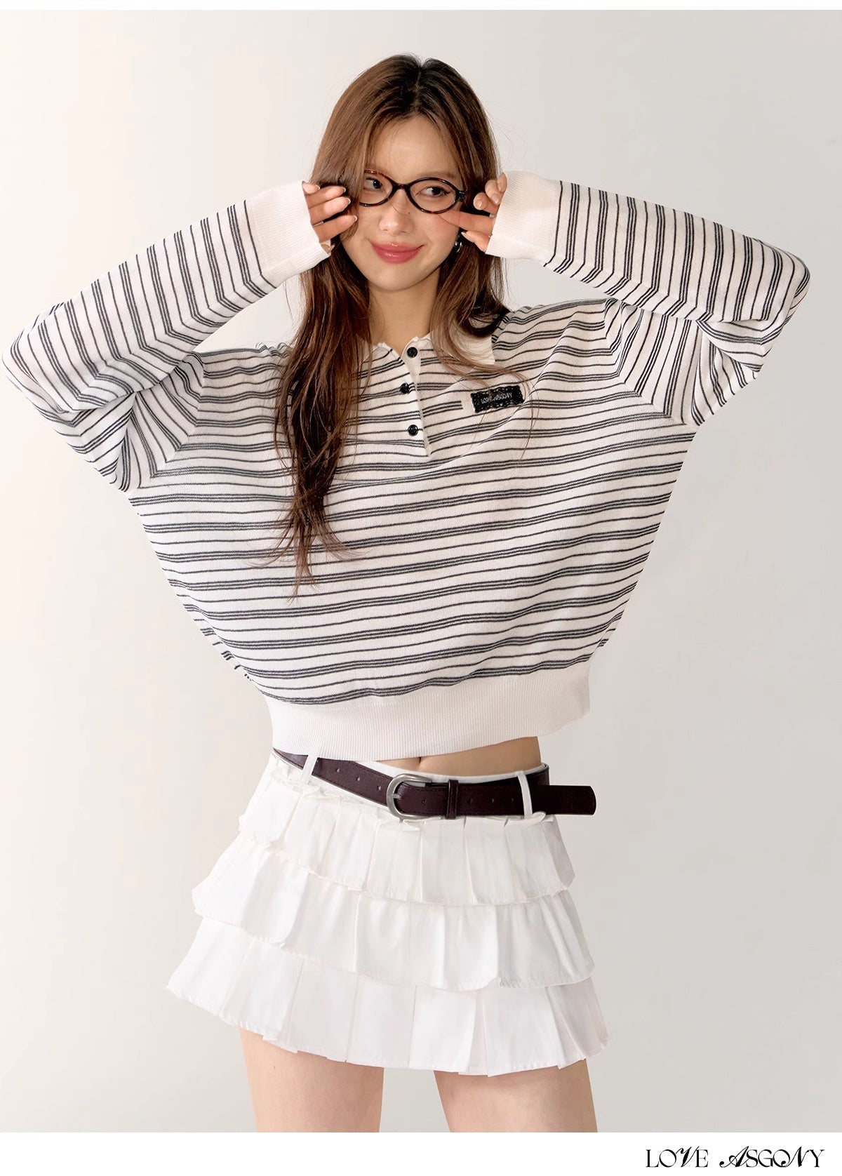 AsGony Stripe Polo &amp; Mini Cake Skirt