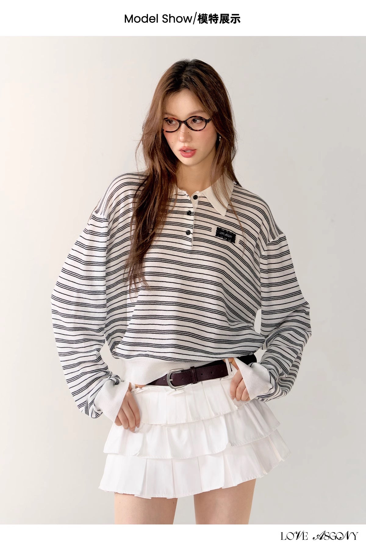 AsGony Stripe Polo &amp; Mini Cake Skirt