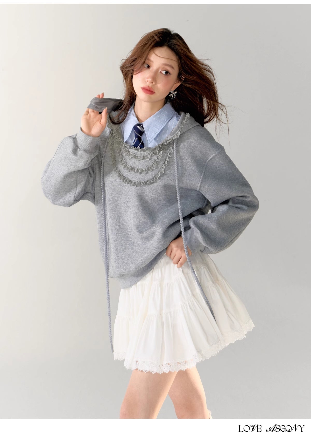 AsGony Scalloped Lace Hoodie(2color)