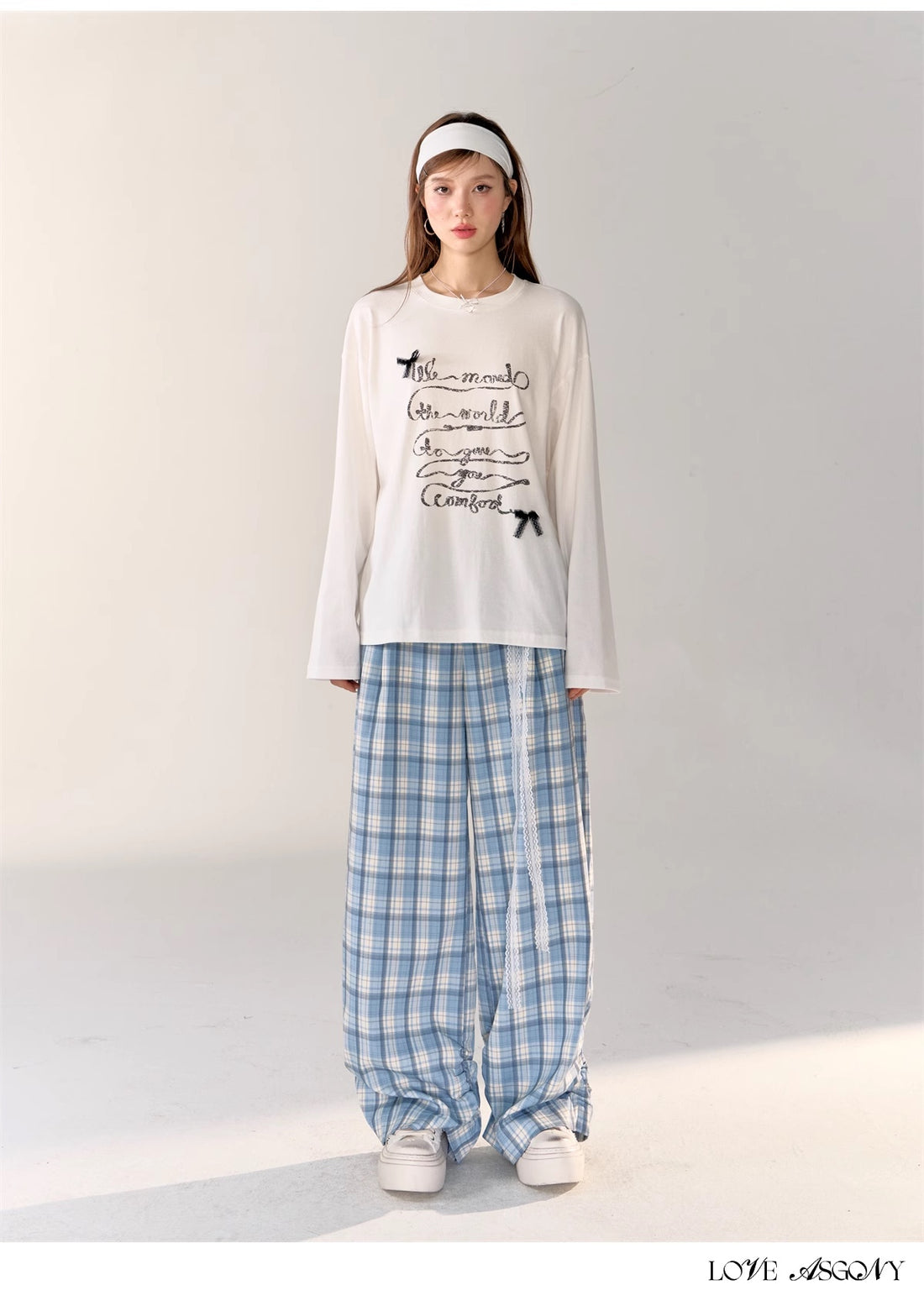 AsGony [Star Style] Grid Contrast Loose Pants(2color)