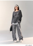 AsGony Grid Contrast Loose Pants(2color)