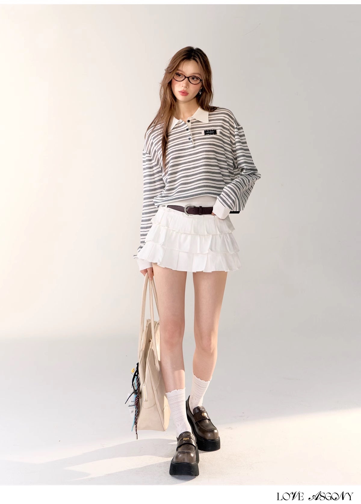 AsGony Stripe Polo &amp; Mini Cake Skirt