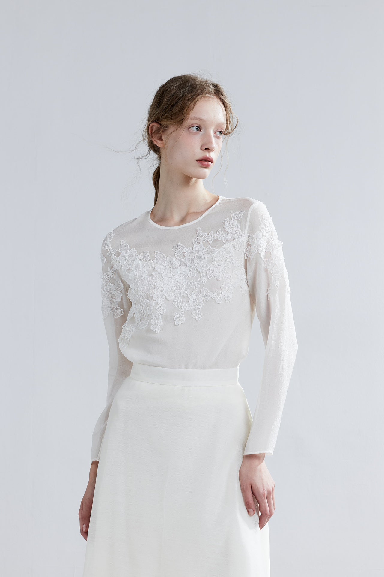 LJOS White Lace Silk Shirt Or Skirt(Separate)