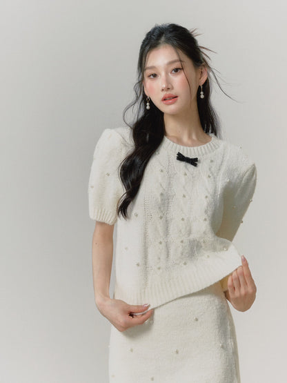 Lafreedom Velvet Bow Knit Set(white)