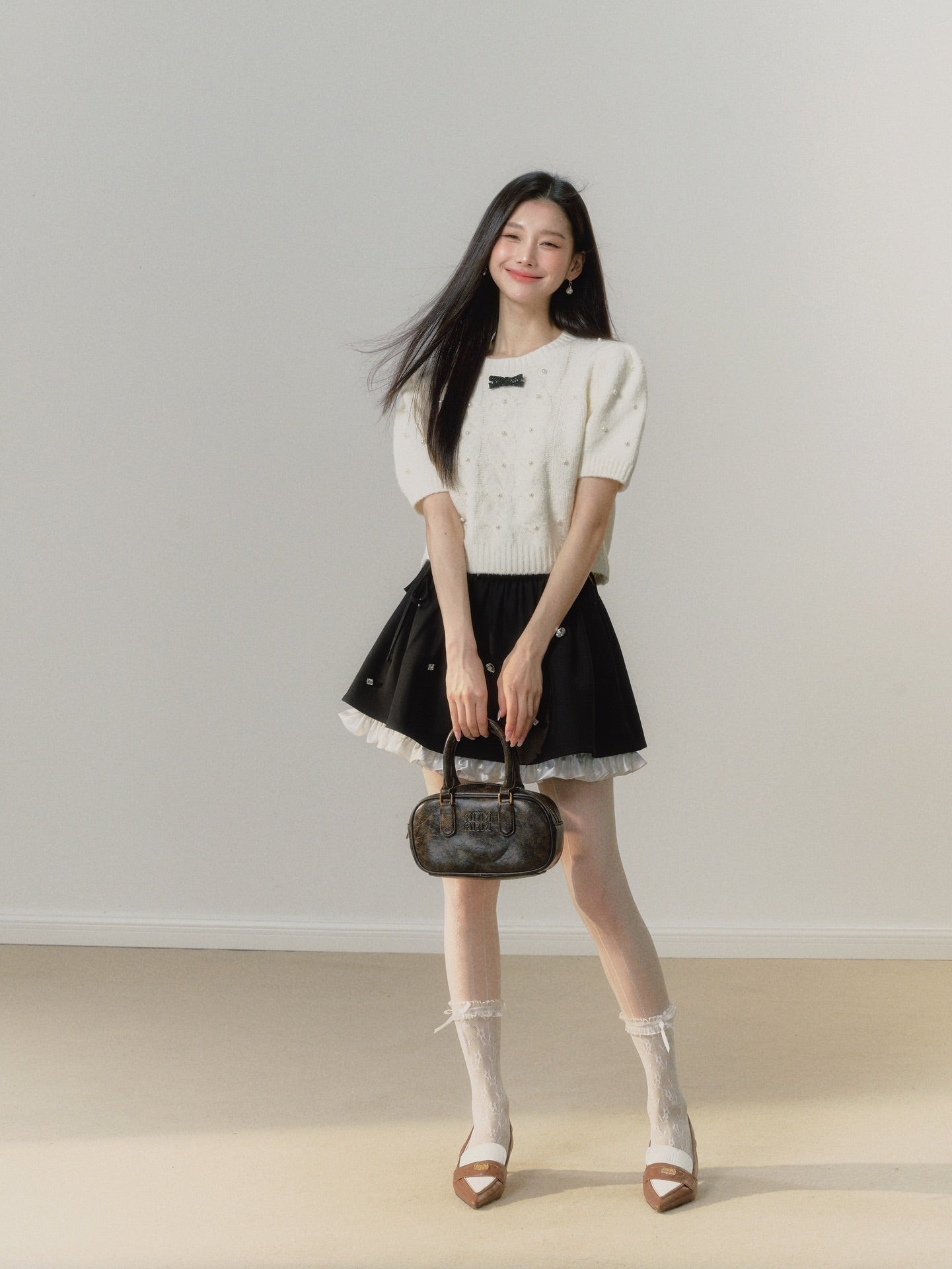 Lafreedom Velvet Bow Knit Set(white)