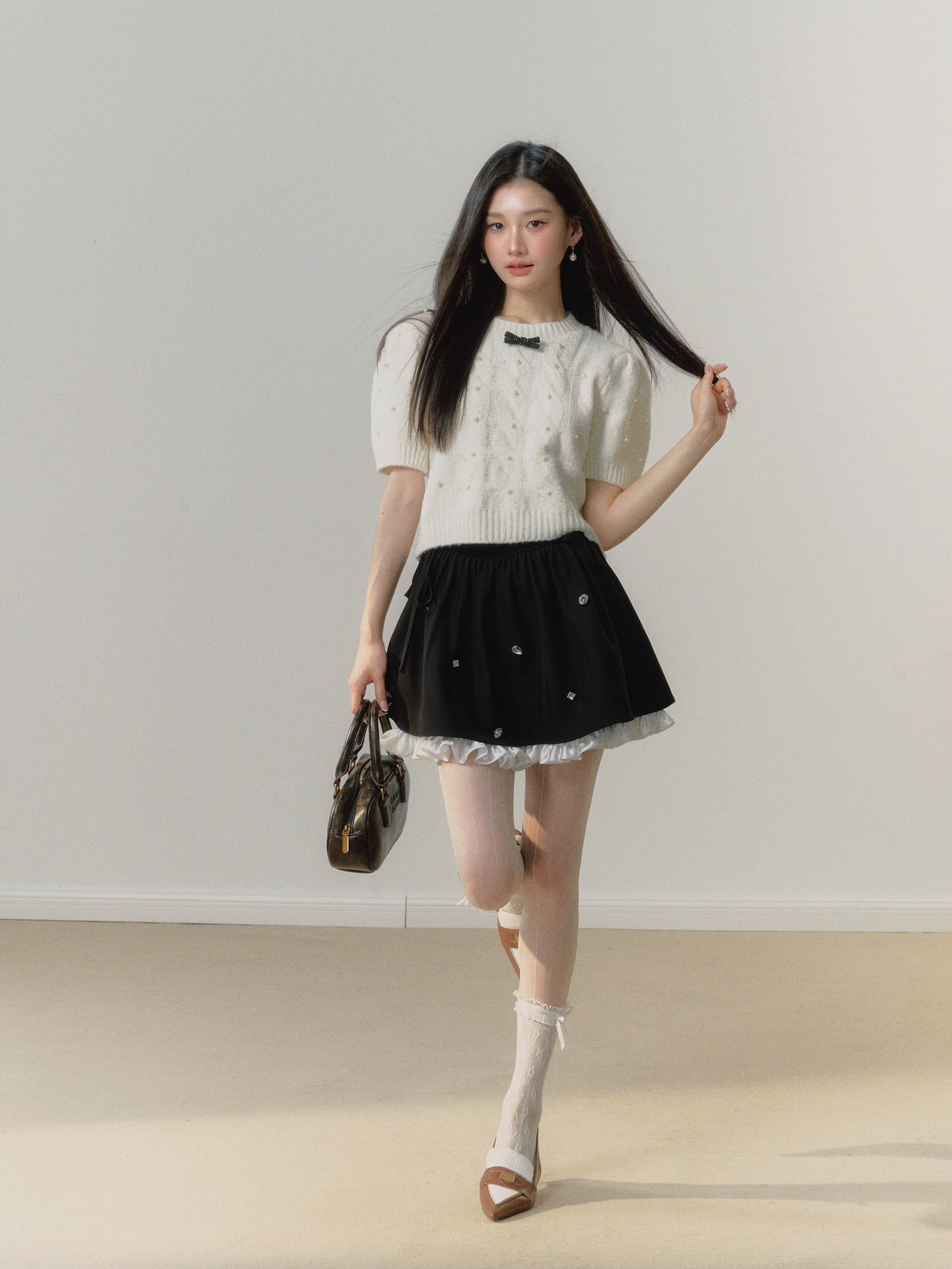 Lafreedom Velvet Bow Knit Set(white)