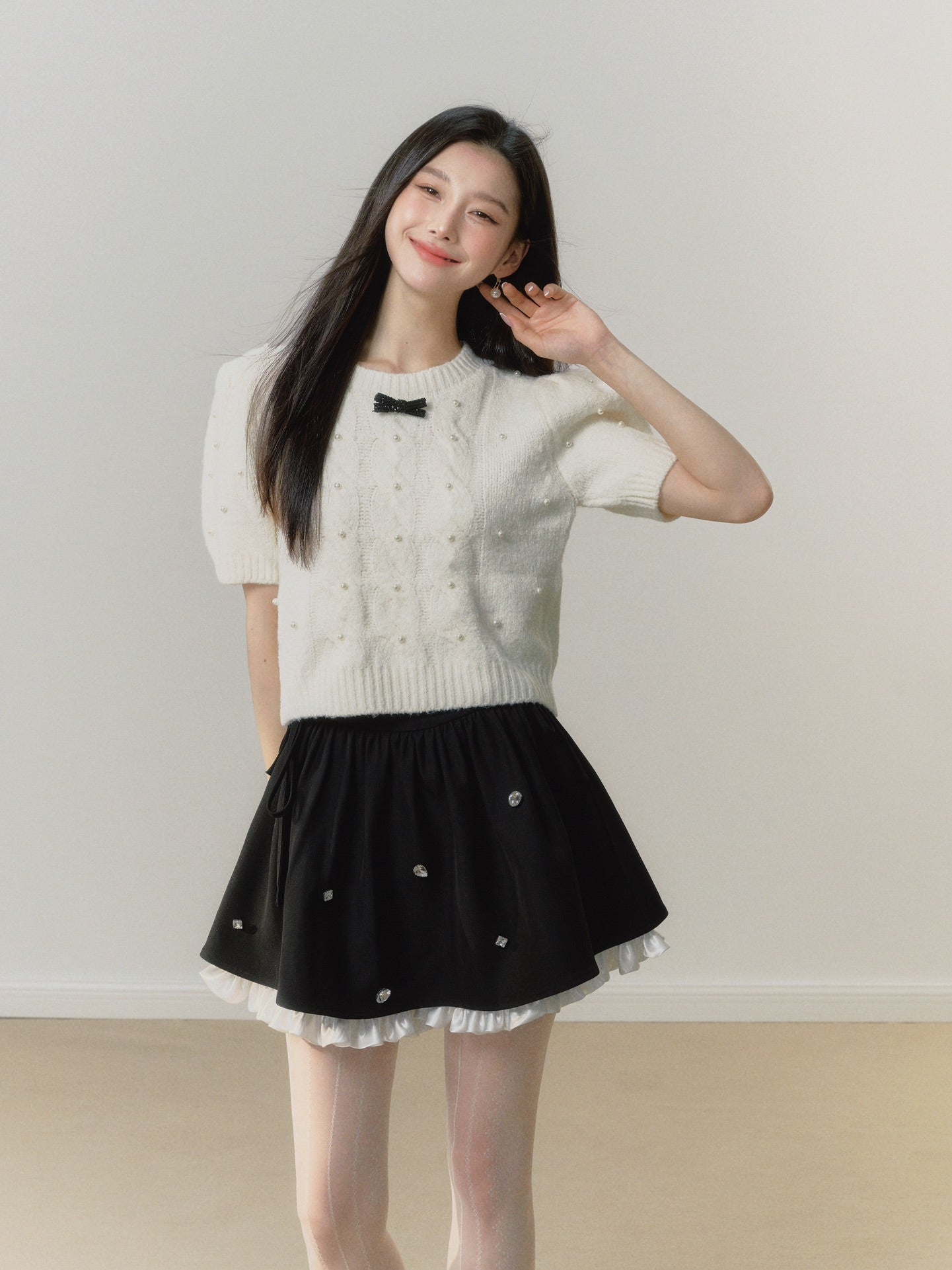 Lafreedom Velvet Bow Knit Set(white)