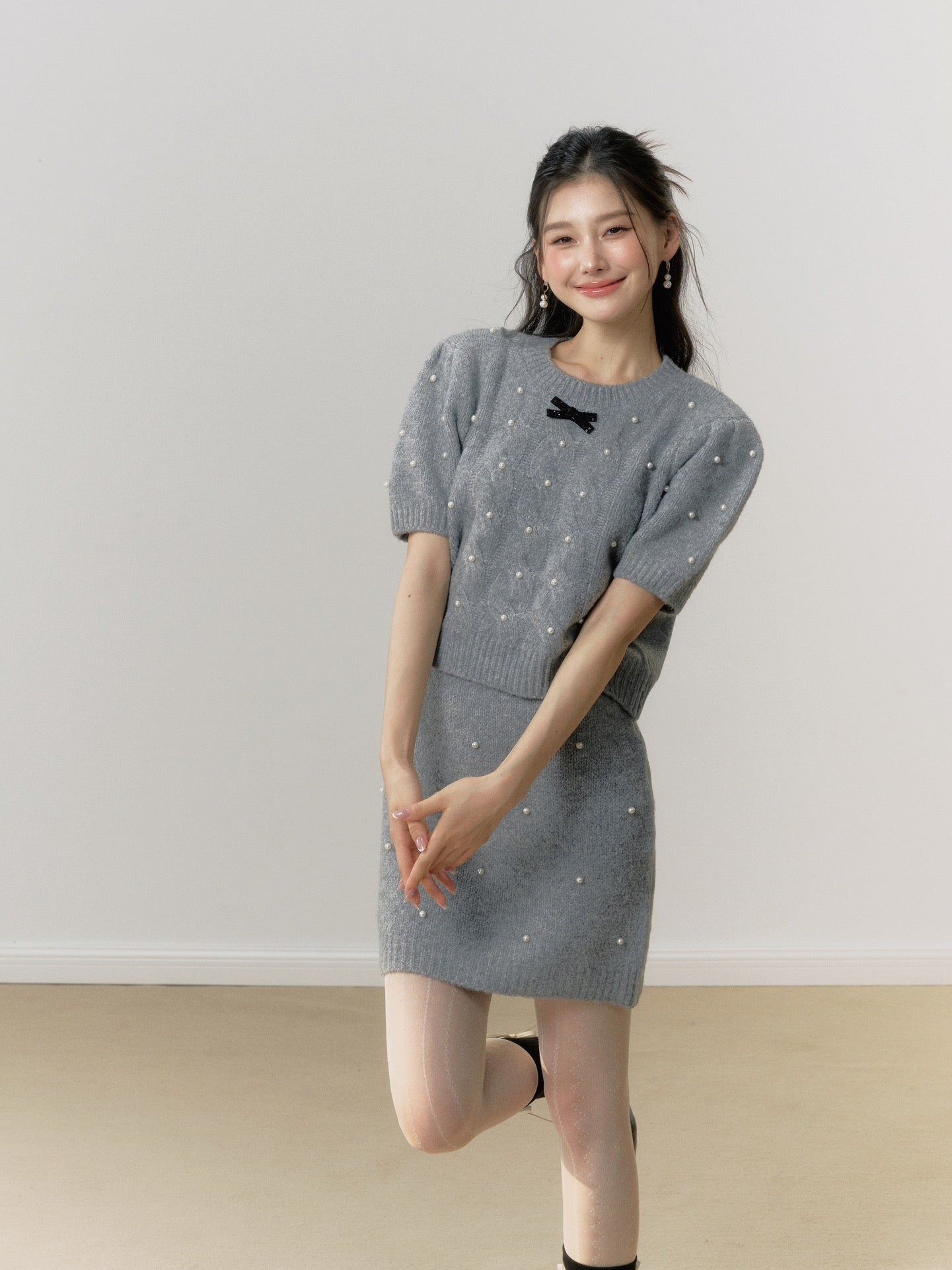 Lafreedom Velvet Bow Knit Set(grey)