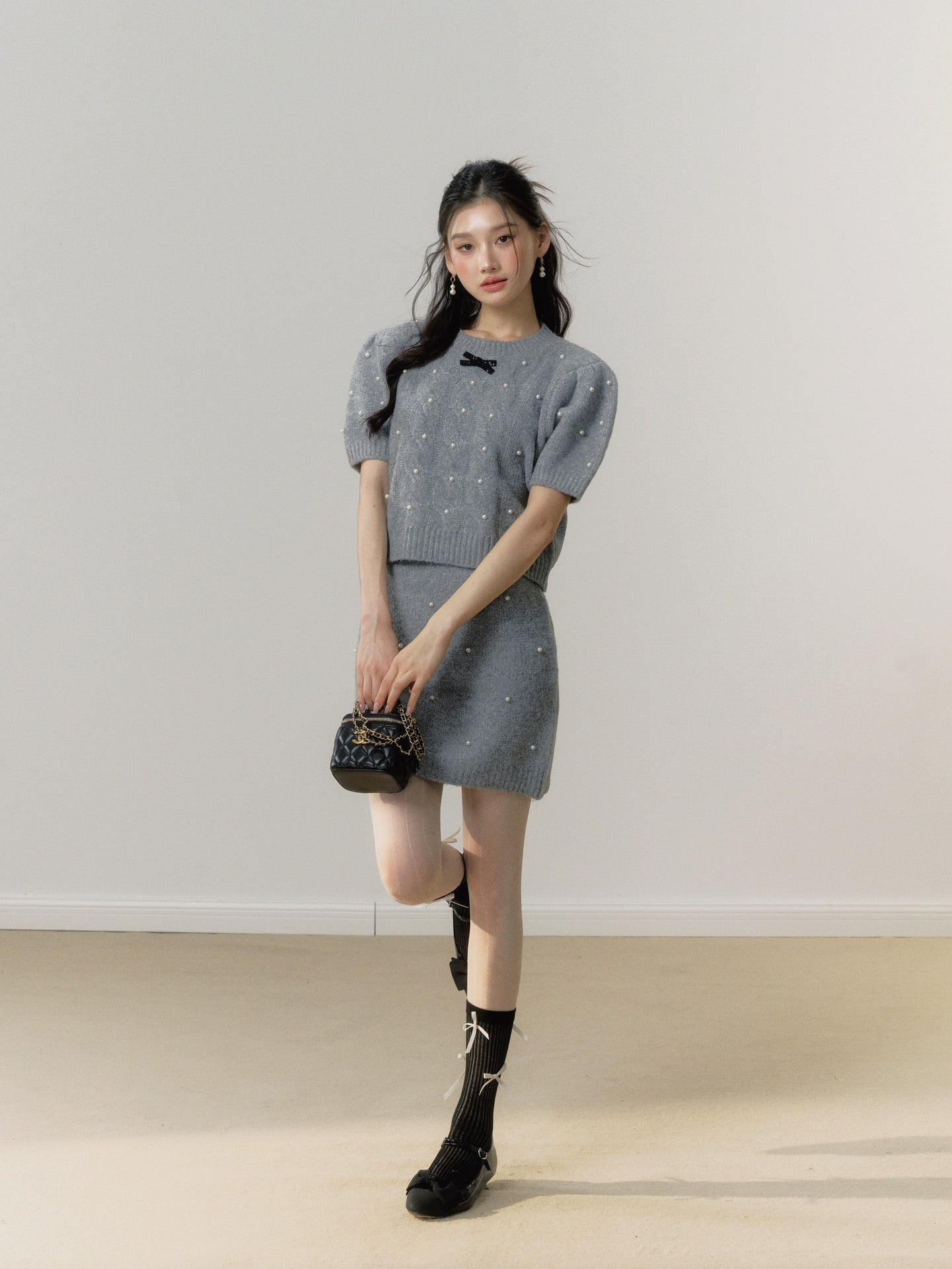 Lafreedom Velvet Bow Knit Set(grey)