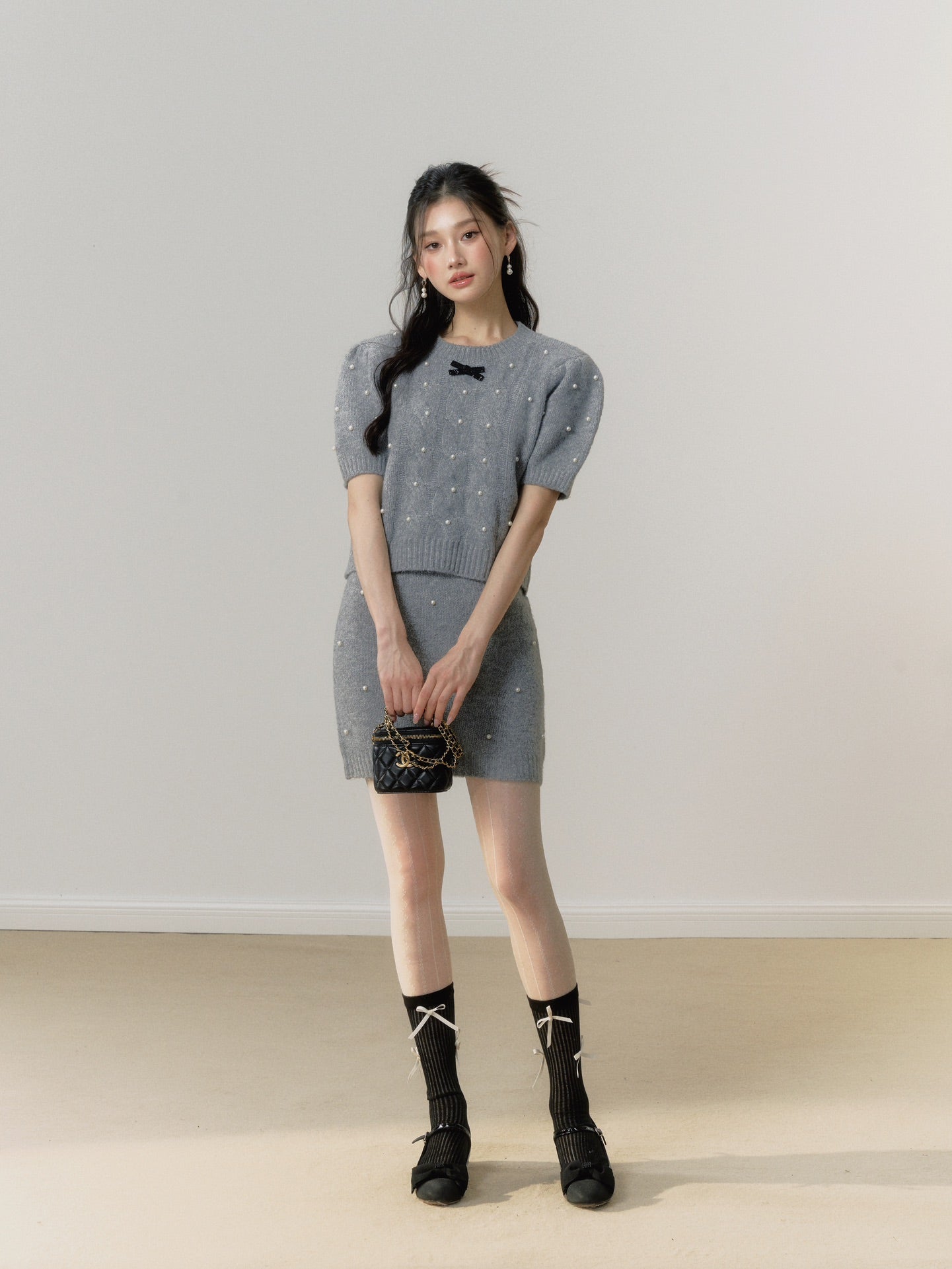 Lafreedom Velvet Bow Knit Set(grey)