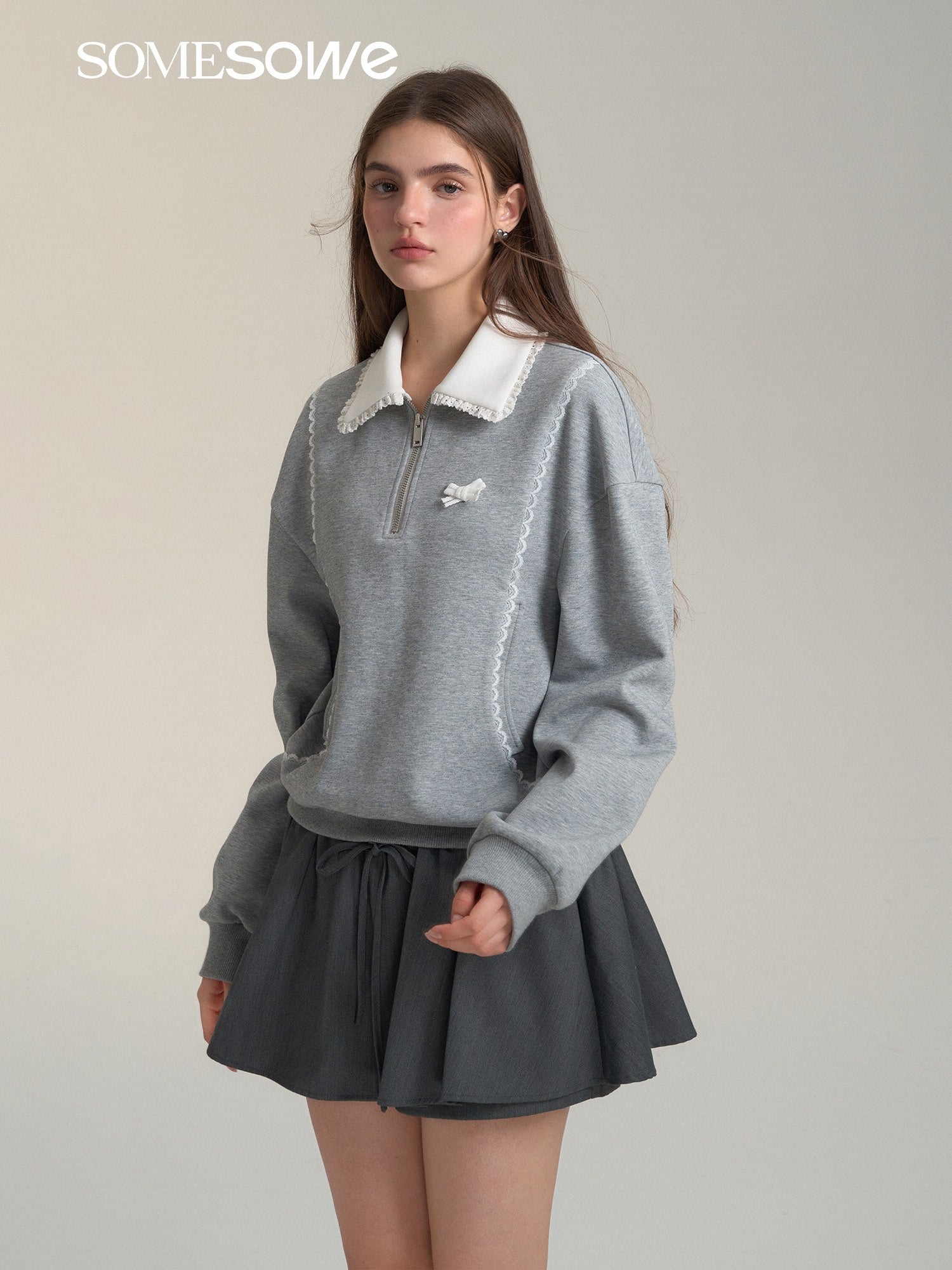 SOMESOWE Lace Collar Grey Hoodie