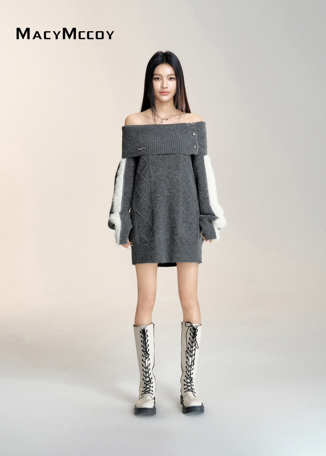 MacyMccoy 24FW Grey Off-shoulder Sweater