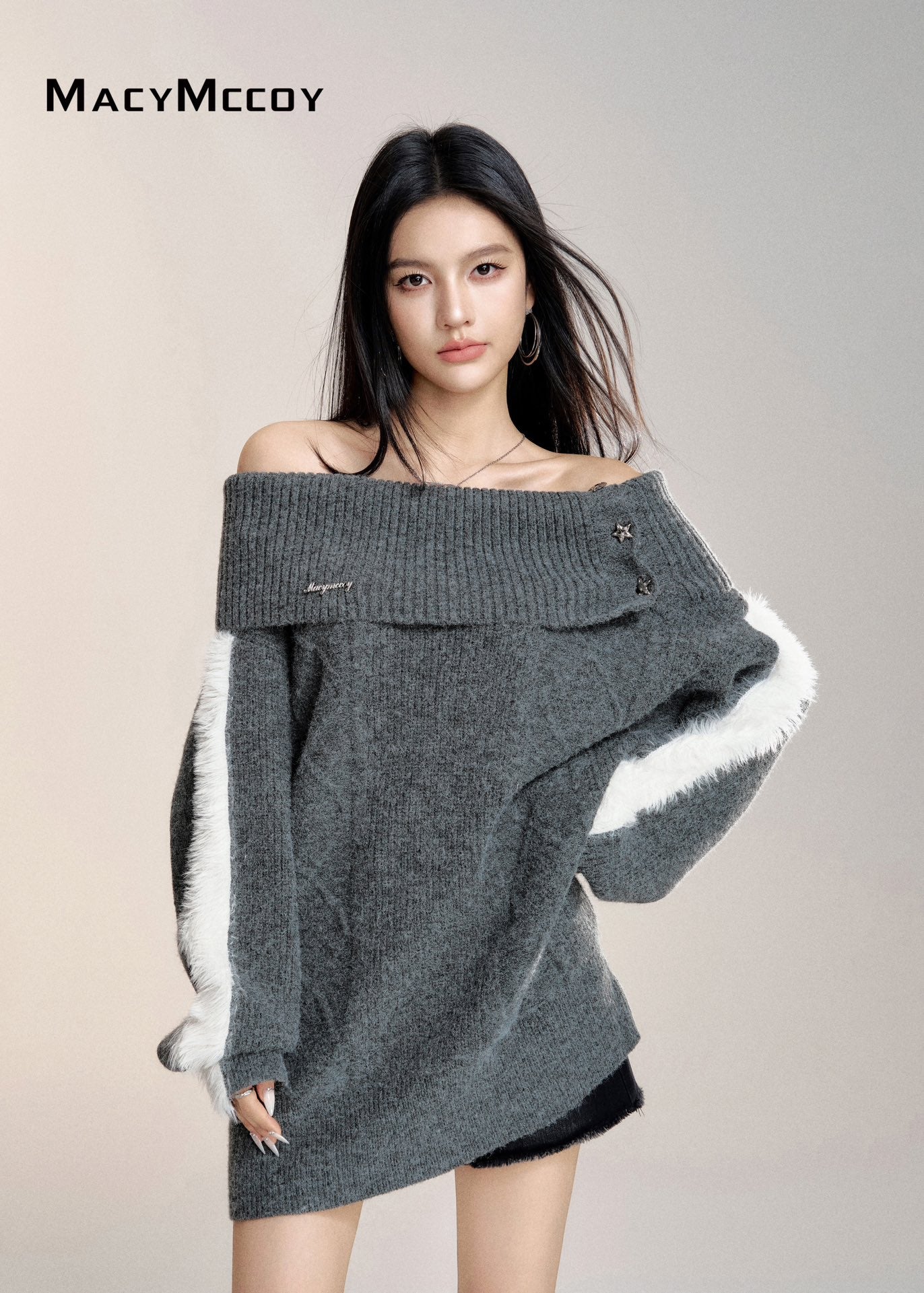 MacyMccoy 24FW Grey Off-shoulder Sweater