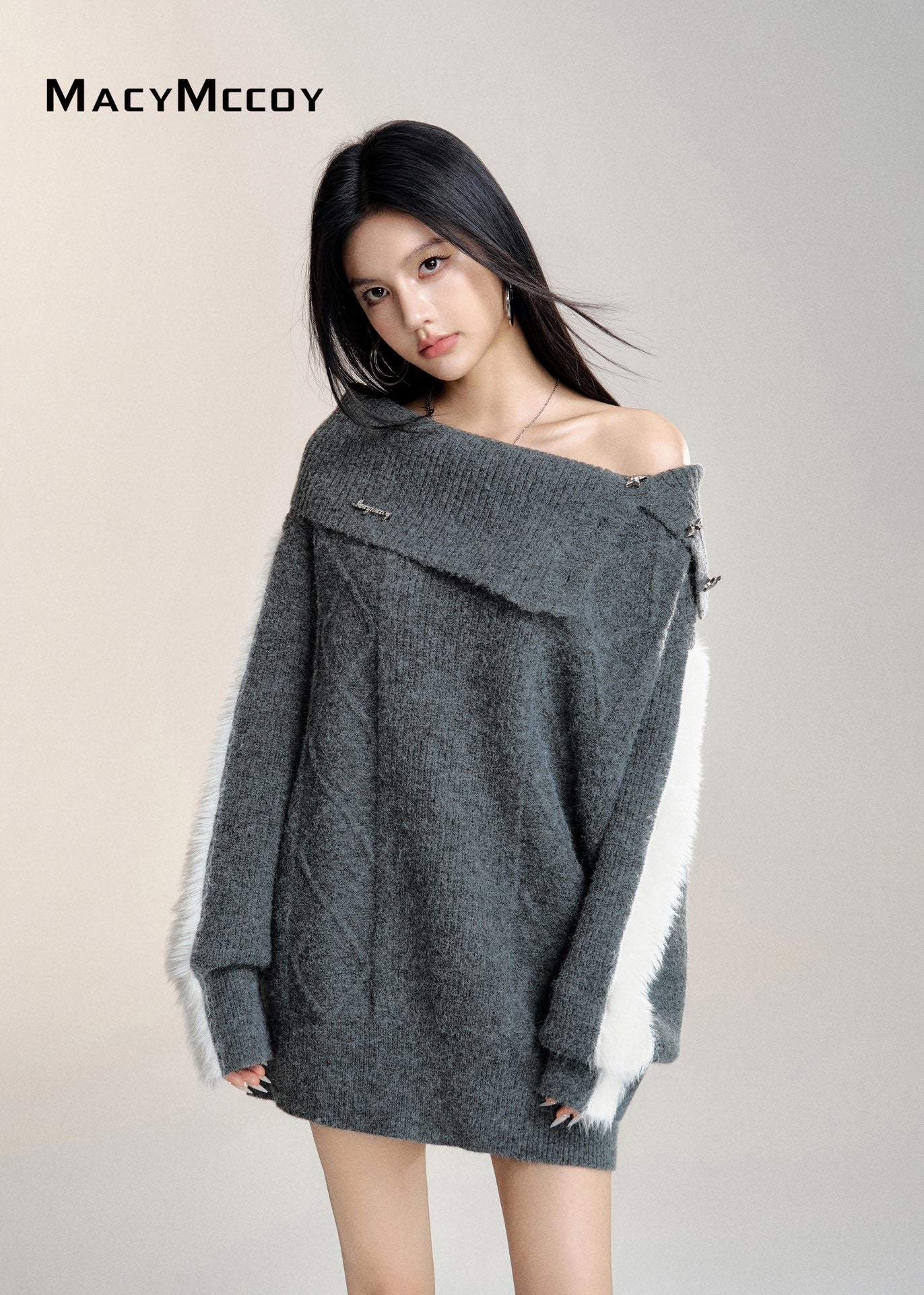 MacyMccoy 24FW Grey Off-shoulder Sweater