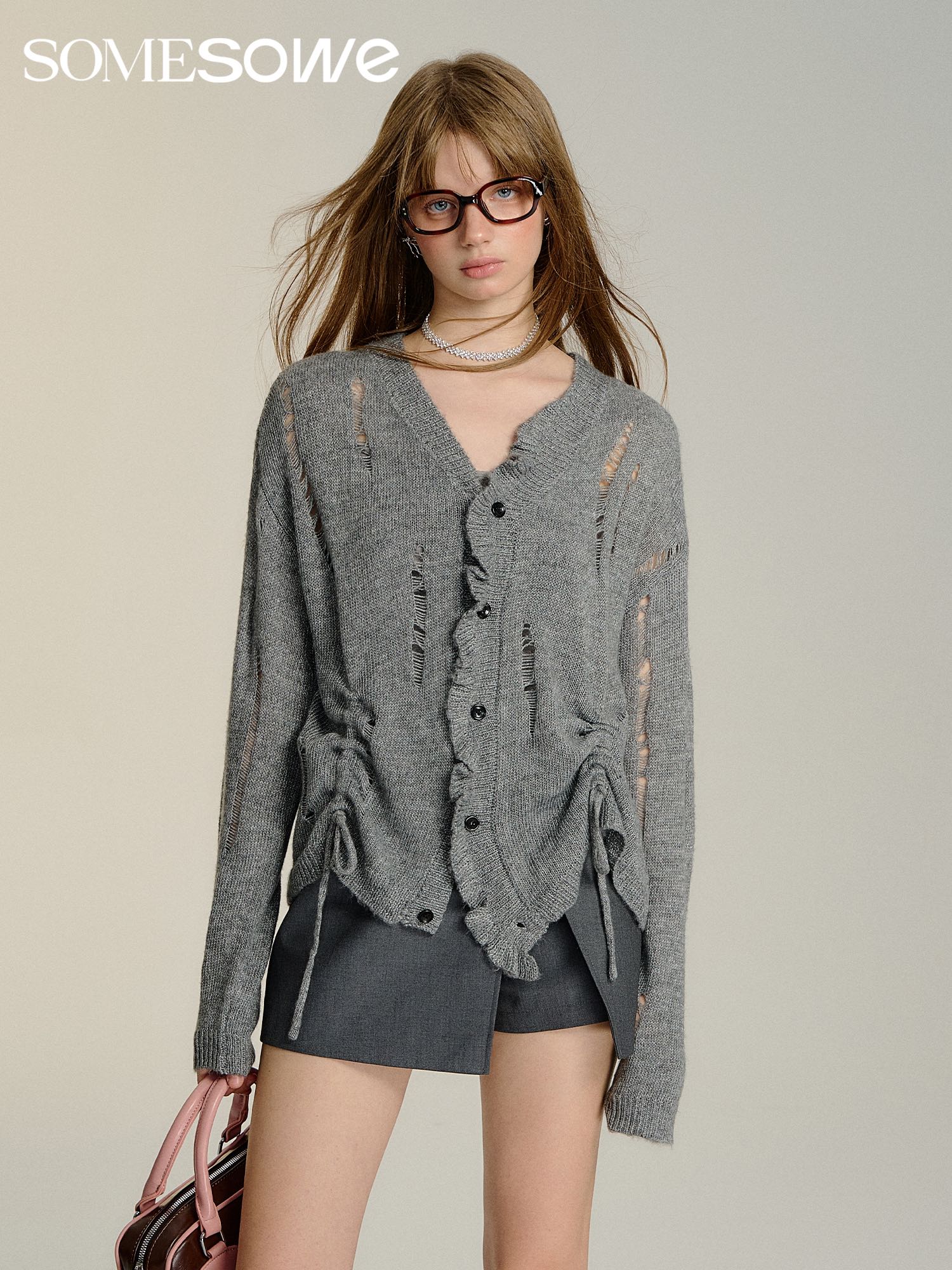 SOMESOWE Gathered Knit Cardigan