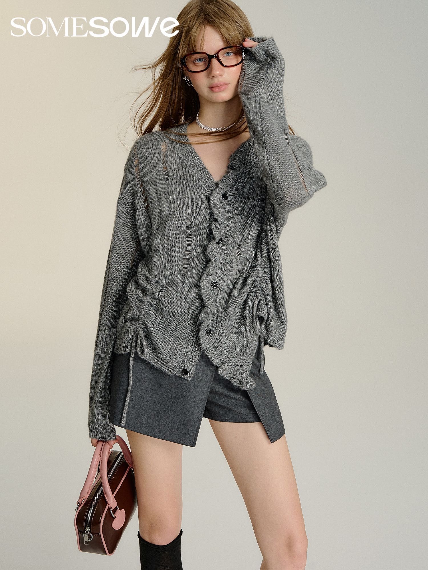 SOMESOWE Gathered Knit Cardigan