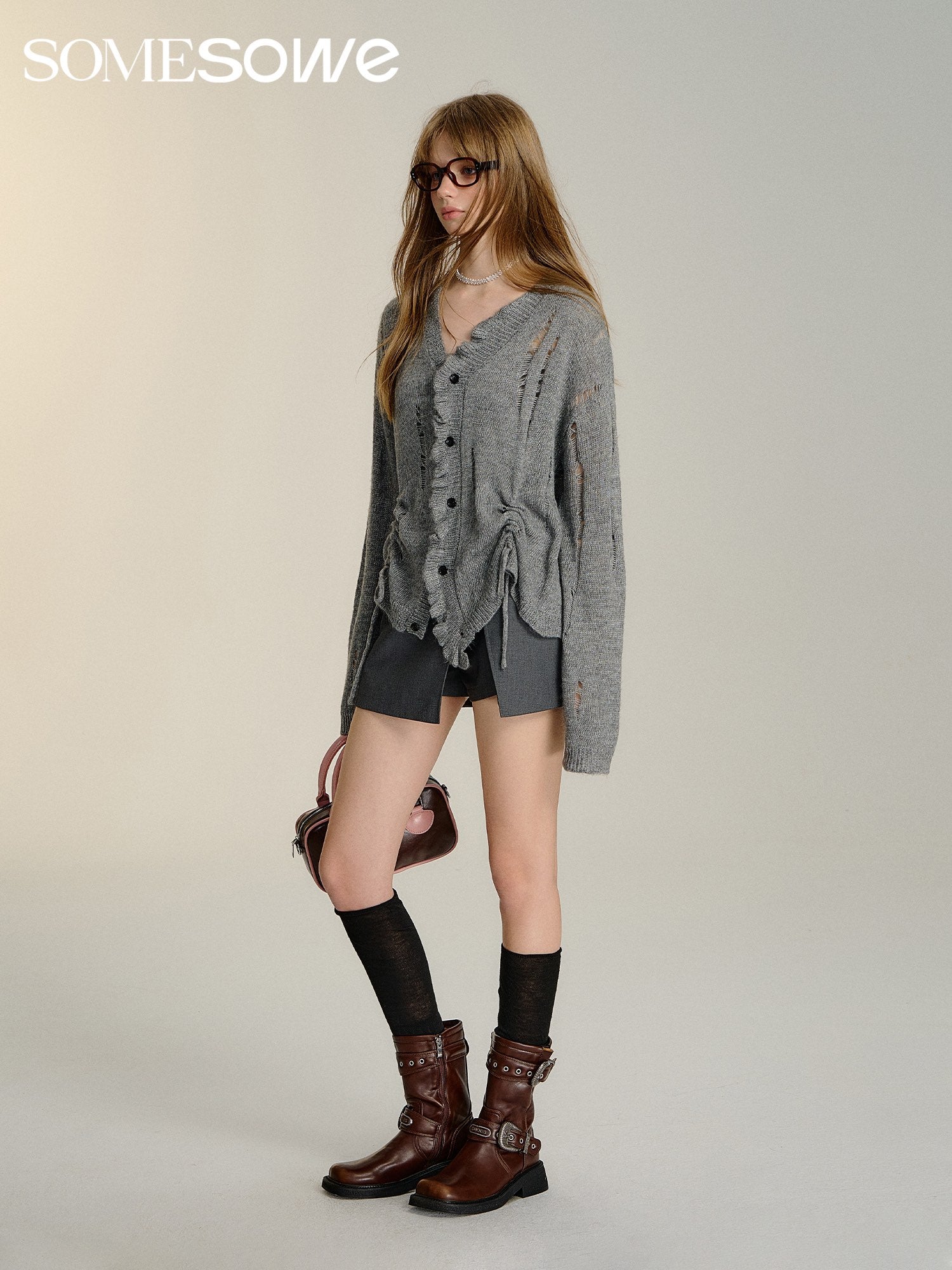 SOMESOWE Gathered Knit Cardigan