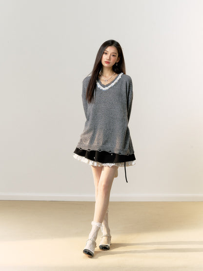 Lafreedom Lace V-neck Sweater(2color)