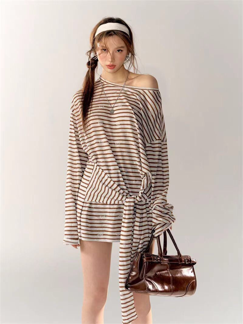 AsGony One-shoulder Stripe Dress(2color)